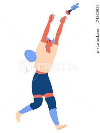 Woman playing indiaca with featherball isolated on white. Vector sport and healthy lifestyle character in casual clothes 74880936