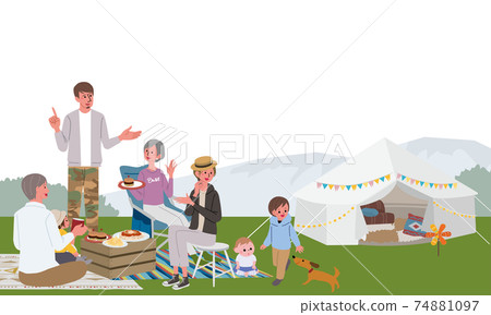 Illustration of three generations of parents and children camping picnic Illustration of three generations of parents and children camping picnic 74881097