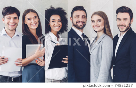 Six Portraits Of Diverse Successful Business People, Gray Backgrounds, Collage Six Portraits Of Diverse Successful Business People, Gray Backgrounds, Collage 74881237