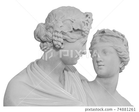 Ancient sculpture of Bacchus and Ariadne. Marble man and woman statue isolated on white background. 74881261