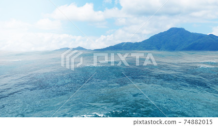 Summer view of the sea and mountain range. Island of rocks in the ocean, mountain island on the horizon, panorama of ocean landscape with island, 3D rendering Summer view of the sea and mountain range. Island of rocks in the ocean, mountain island on the horizon, panorama of ocean landscape with island, 3D rendering 74882015