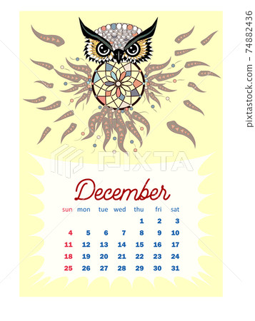 Colorful cute monthly boho calendar 2022 with dream catchers, boho owls, arrows, feathers, inspirational inscriptions 74882436