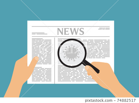 Flat design illustration of a man or woman's hand holding a newspaper with an article about covid-19 and a pandemic. Magnifier and virus image, vector 74882517