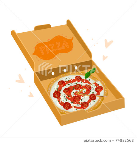 Pizza margarita in cardboard delivery box 74882568