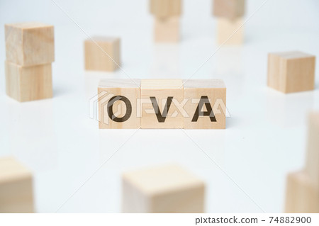 Modern business buzzword - OVA. Word on wooden blocks on a white background. 74882900