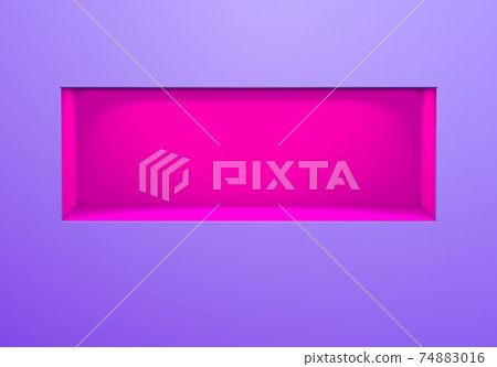 Neon lightened wall niche or shelf with purple glow on the violet wall in 80s cyberpunk or vaporwave style Neon lightened wall niche or shelf with purple glow on the violet wall in 80s cyberpunk or vaporwave style 74883016