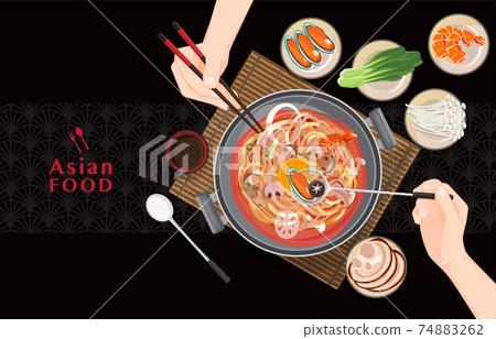 chinese hot pot Asian food, Eating Shabu Shabu and Sukiyaki in hot pot , vector chinese hot pot Asian food, Eating Shabu Shabu and Sukiyaki in hot pot , vector 74883262