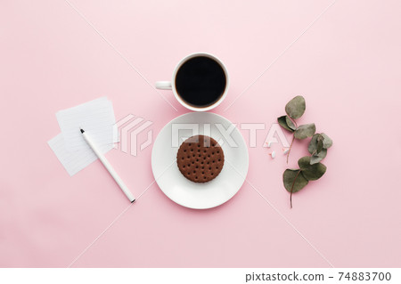 International women day concept, coffee, plate, cookie, notes, pen, eucalyptus International women day concept, coffee, plate, cookie, notes, pen, eucalyptus 74883700