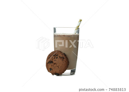 Glass of chocolate milkshake and cookie isolated on white background 74883813