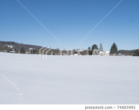 Winter landscape with view of village Travnik with country houses and cottage, surrounded by snow-covered fields and snowy frost forest and trees on sunny day, blue sky Winter landscape with view of village Travnik with country houses and cottage, surrounded by snow-covered fields and snowy frost forest and trees on sunny day, blue sky 74883991