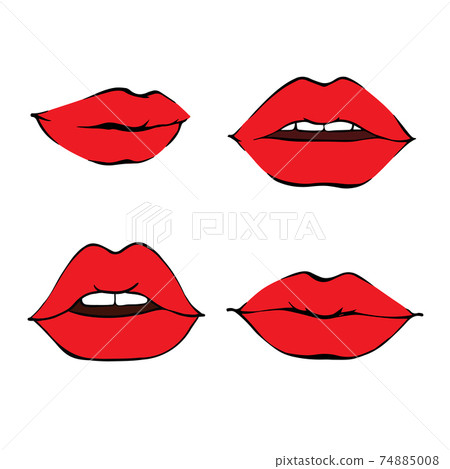 Female lips set. Mouth with a kiss, smile, tongue, teeth. 74885008
