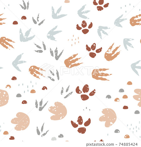 Dinosaur footprints seamless pattern. Background with dino feet steps traces. Jurassic animals path. Vector illustration Dinosaur footprints seamless pattern. Background with dino feet steps traces. Jurassic animals path. Vector illustration 74885424