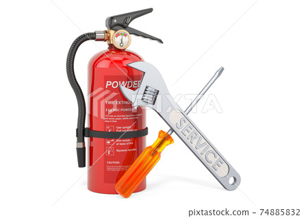 Service and repair of fire extinguisher, 3D rendering 74885832
