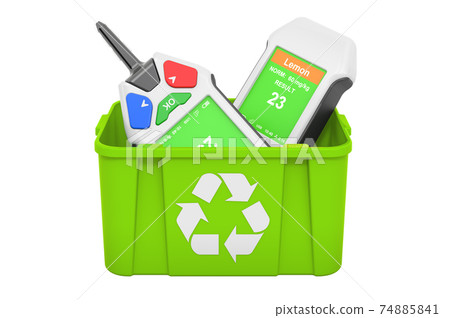 Recycling trashcan with nitrate tester, 3D rendering Recycling trashcan with nitrate tester, 3D rendering 74885841