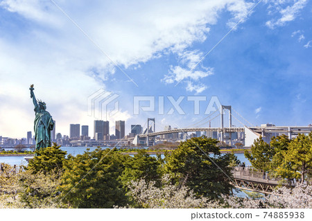 [Odaiba, Tokyo] A view of the cherry blossoms and the Rainbow Bridge blooming in front of the Statue of Liberty in Odaiba Marine Park. 74885938