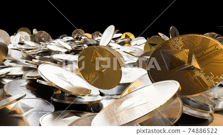 Cryptocurrency Ethereum golden coins spilling on the table. 74886522