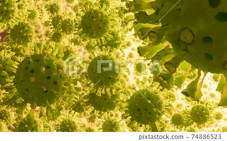 Coronavirus 2019-nCov novel coronavirus concept. Microscope virus close up. 74886523