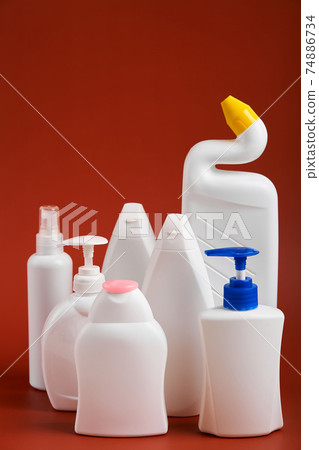 A various shapes blank white plastic bottles of soap products A various shapes blank white plastic bottles of soap products 74886734