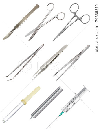 Set of medical hand tools. Tweezers of different types, all-metal reusable scalpel, clip with fastener, surgical scissors, glass pipette, disposable syringe, blood lancet. Isolated objects. Vector. 74886856