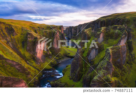Fjadrargljufur canyon in Iceland at sunset 74887111