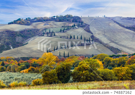Beautiful Tuscany countryside- winding road frim cypresses. Italy 74887162