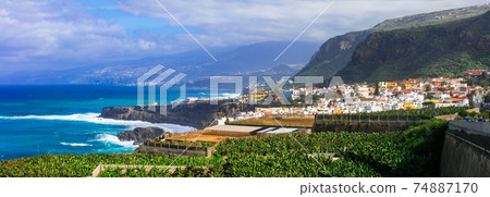 Tenerife island - beautiful coastal town San Juan de la Rambla. Canary islands Tenerife island - beautiful coastal town San Juan de la Rambla. Canary islands 74887170