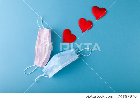 Red hearts and anti-epidemic blue medical protective mask 74887976