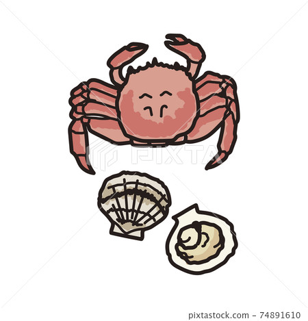 螃蟹和扇貝（彩色）的手繪風格插圖 74891610