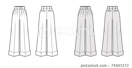Pants oxford tailored technical fashion illustration with normal low waist, rise, full length, double pleat, pockets. Pants oxford tailored technical fashion illustration with normal low waist, rise, full length, double pleat, pockets. 74893372