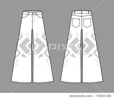 Phat Pants Denim Jeans technical fashion illustration with full length, low waist, rise, 5 pockets, wide legs belt loops 74893386