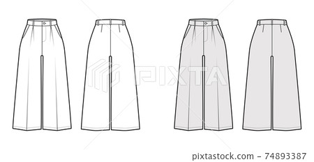 Pants capri technical fashion illustration with normal waist, single pleat, mid-calf length, wide legs, seam pockets 74893387