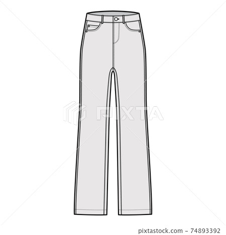 Jeans Denim pants technical fashion illustration with full length, low waist, rise, 5 pockets, Rivets, belt loops. Flat Jeans Denim pants technical fashion illustration with full length, low waist, rise, 5 pockets, Rivets, belt loops. Flat 74893392