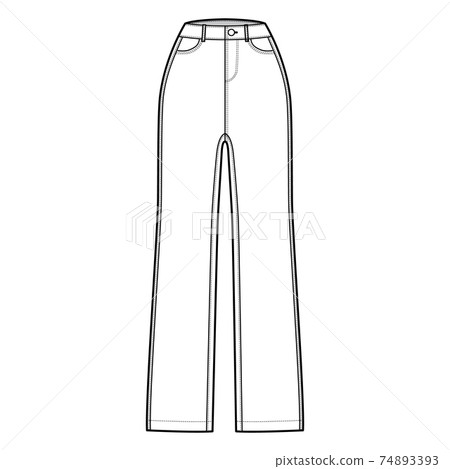 Jeans Denim pants technical fashion illustration with full length, normal waist, high rise, 5 pockets, Rivets, belt loop Jeans Denim pants technical fashion illustration with full length, normal waist, high rise, 5 pockets, Rivets, belt loop 74893393