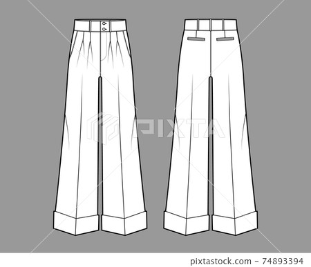 Pants oxford tailored technical fashion illustration with low waist, full length, double pleat, slant jetted pockets Pants oxford tailored technical fashion illustration with low waist, full length, double pleat, slant jetted pockets 74893394