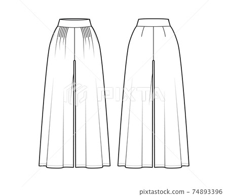 Pants gaucho technical fashion illustration with normal waist, high rise, pleats, ankle cropped length, seam pockets. Pants gaucho technical fashion illustration with normal waist, high rise, pleats, ankle cropped length, seam pockets. 74893396