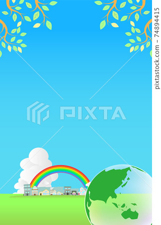 藍天和綠色房屋/房屋（垂直）的圖像背景 74894415