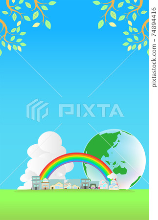 藍天和綠色房屋/房屋（垂直）的圖像背景 74894416