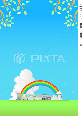 藍天和綠色房屋/房屋（垂直）的圖像背景 74894418