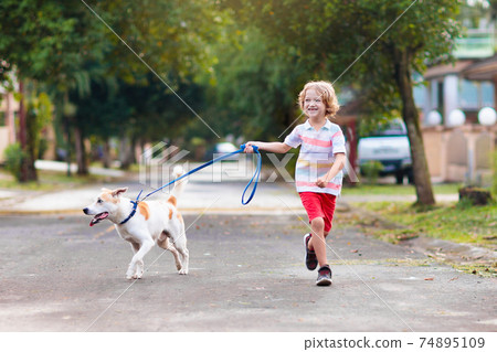 Child walking dog. Kids and puppy. Boy and pet. 74895109
