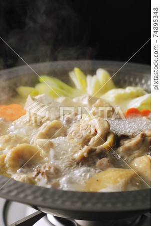 Mizutaki with lots of ingredients (black background) 74895348