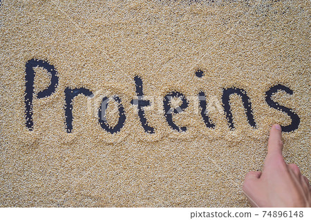 Quinoa on a black background and an inscription with a finger - proteins Quinoa on a black background and an inscription with a finger - proteins 74896148