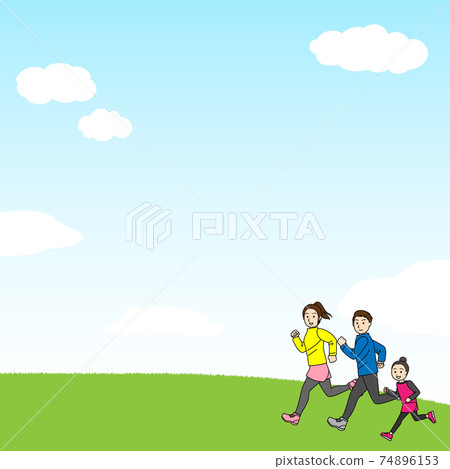 一家人在藍藍的天空下奔跑的插圖 一家人在藍藍的天空下奔跑的插圖 74896153