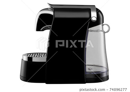 modern black capsule coffee machine, on white background, side view 74896277