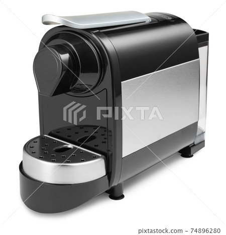 capsule coffee machine, black and silver, on a white background, diagonal arrangement 74896280