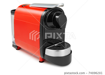 new red capsule coffee machine, diagonal arrangement, on white background 74896281