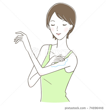 A smiling woman applying cream to her arms A smiling woman applying cream to her arms 74896448