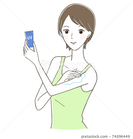 在她的手臂上放防曬霜的微笑婦女 在她的手臂上放防曬霜的微笑婦女 74896449