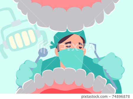 Dentist with tools in hands examines teeth. Patient mouth inside view checkup. 74896878