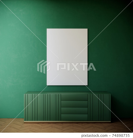 Blank picture frame mock up on Green wall, modern room interior, 3d rendering background 74898735