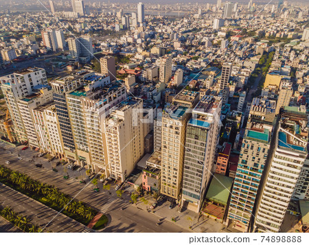 Beautiful My Khe beach from drone in Da Nang, Vietnam, street and buildings near the Central beach and the sea. Photo from a drone 74898888